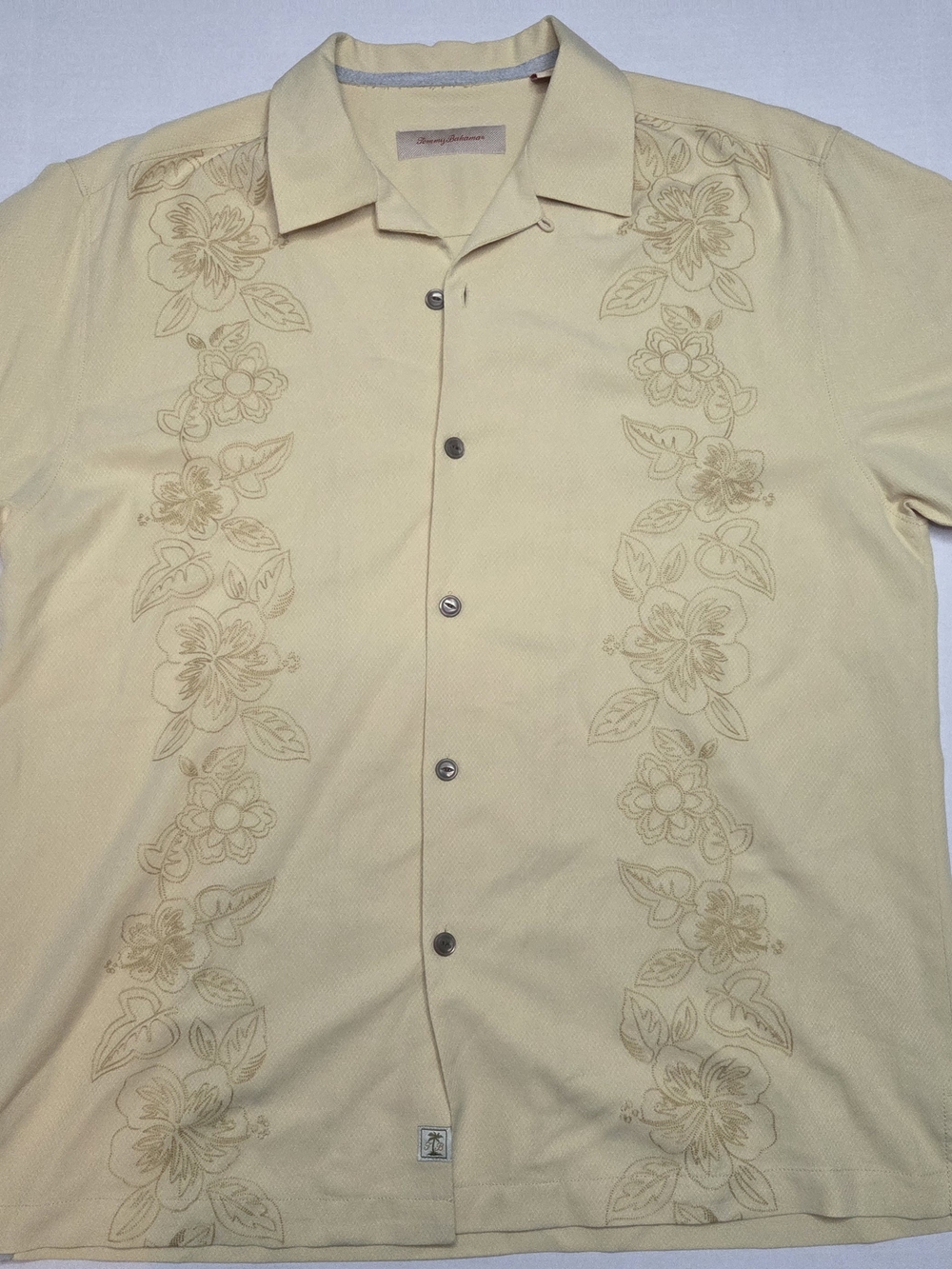 Tommy Bahama Pale Yellow Floral Embroidered Camp Shirt